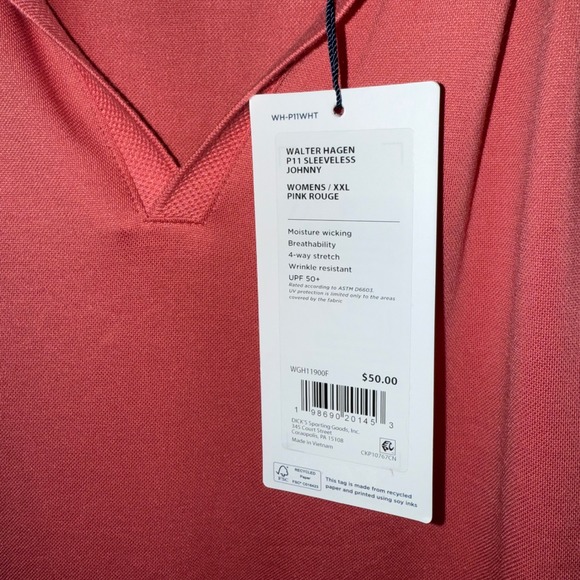 NWT Walter Hagen P11 Sleeveless Johnny Polo Shirt Pink Rouge XXL UPF 50+ - Picture 5 of 8